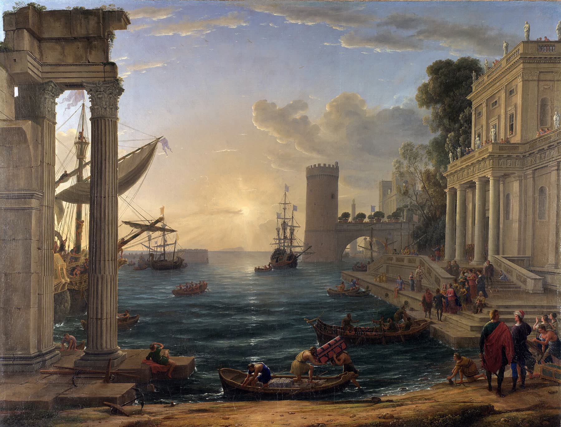 A classical seaport at sunset with ships preparing for a voyage, suggesting a thoughtful journey